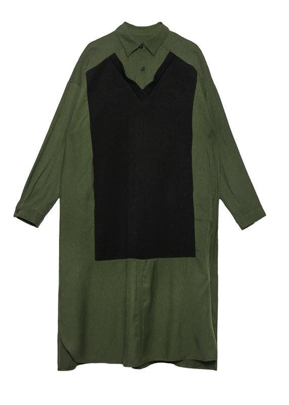 Women green cotton Tunics lapel patchwork Dresses AT-FDL191113