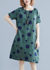 Women green dotted Cotton Tunic o neck pockets loose Dress SDM200325