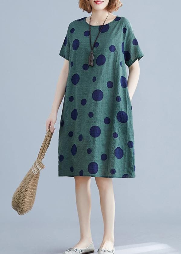 Women green dotted Cotton Tunic o neck pockets loose Dress SDM200325