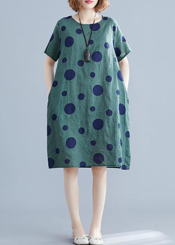 Women green dotted Cotton Tunic o neck pockets loose Dress SDM200325