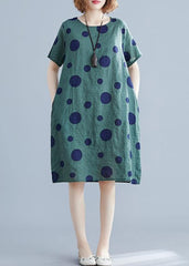 Women green dotted Cotton Tunic o neck pockets loose Dress SDM200325