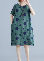 Women green dotted Cotton Tunic o neck pockets loose Dress SDM200325