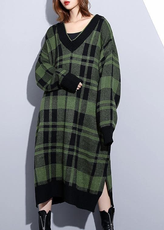 Women green plaid Cotton Long Shirts side open daily v neck Dress AT-NSD191203