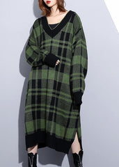 Women green plaid Cotton Long Shirts side open daily v neck Dress AT-NSD191203