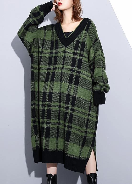 Women green plaid Cotton Long Shirts side open daily v neck Dress AT-NSD191203