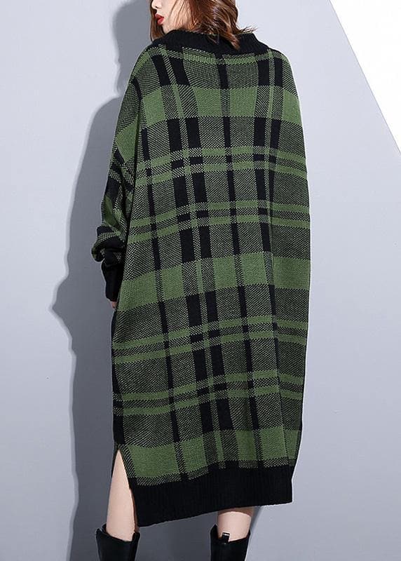 Women green plaid Cotton Long Shirts side open daily v neck Dress AT-NSD191203