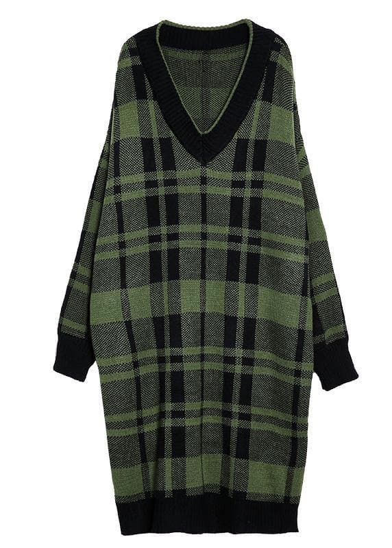 Women green plaid Cotton Long Shirts side open daily v neck Dress AT-NSD191203