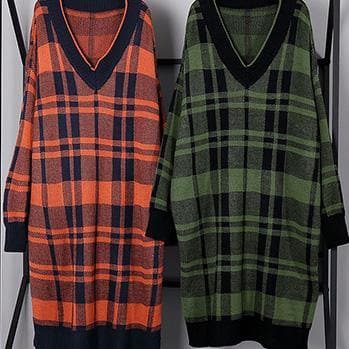 Women green plaid Cotton Long Shirts side open daily v neck Dress AT-NSD191203