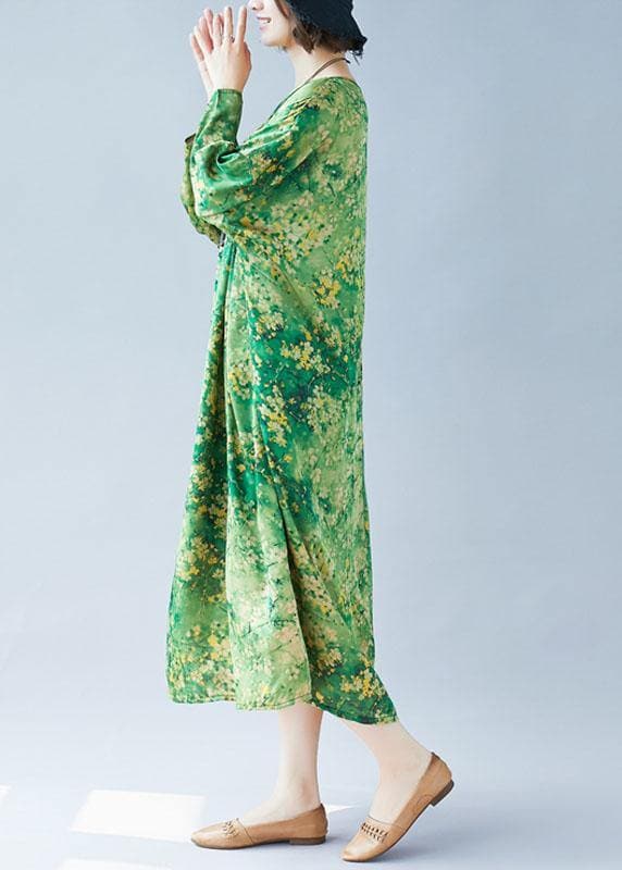 Women green print Long dress o neck Maxi summer Dresses FDL200425