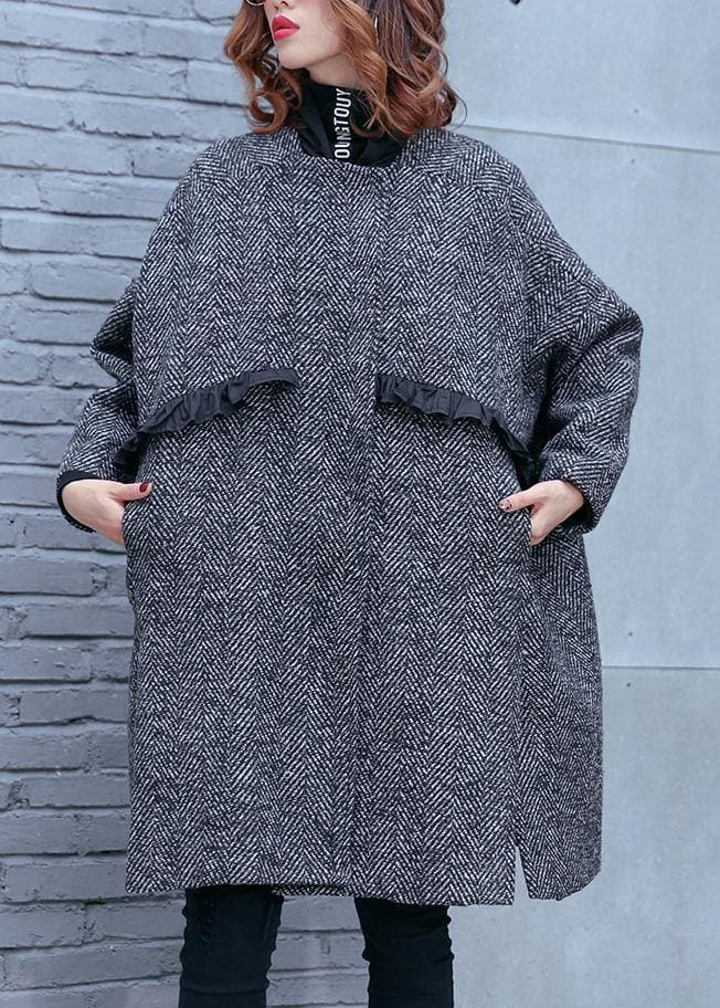 Women high neck pockets fine clothes gray striped Dresses coat AT-CTS191113