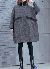 Women high neck pockets fine clothes gray striped Dresses coat AT-CTS191113