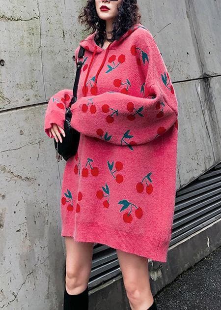 Women hooded drawstring Sweater dresses Street Style pink Cherry print Mujer sweater dress AT-NTP201105