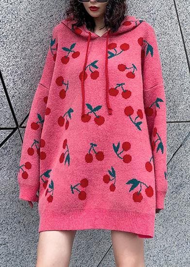 Women hooded drawstring Sweater dresses Street Style pink Cherry print Mujer sweater dress AT-NTP201105