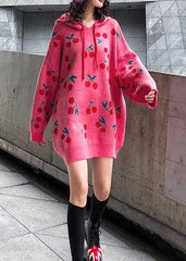 Women hooded drawstring Sweater dresses Street Style pink Cherry print Mujer sweater dress AT-NTP201105