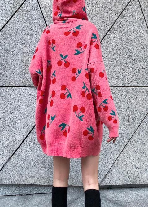 Women hooded drawstring Sweater dresses Street Style pink Cherry print Mujer sweater dress AT-NTP201105