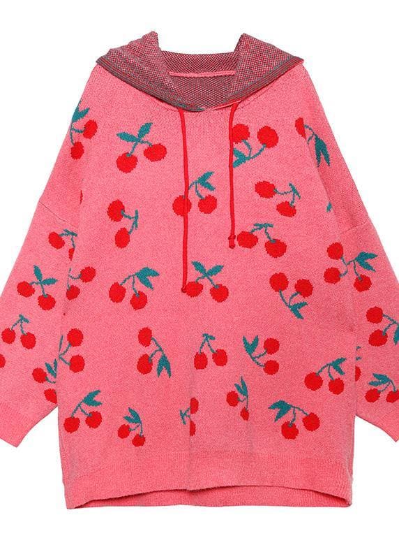 Women hooded drawstring Sweater dresses Street Style pink Cherry print Mujer sweater dress AT-NTP201105