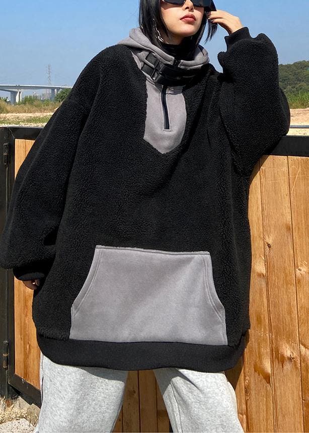 Women hooded zippered spring clothes black fuzzy wool tops AT-LTP201228