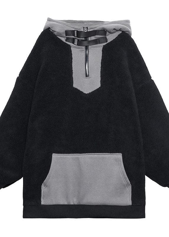 Women hooded zippered spring clothes black fuzzy wool tops AT-LTP201228