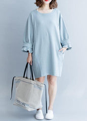 Women lantern sleeve Cotton dress Inspiration light blue Dress fall FDM191011