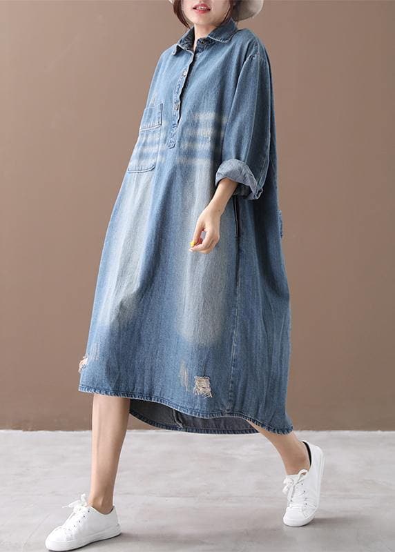 Women lapel Hole spring outfit Shape denim blue Dresses WG-FDL201226