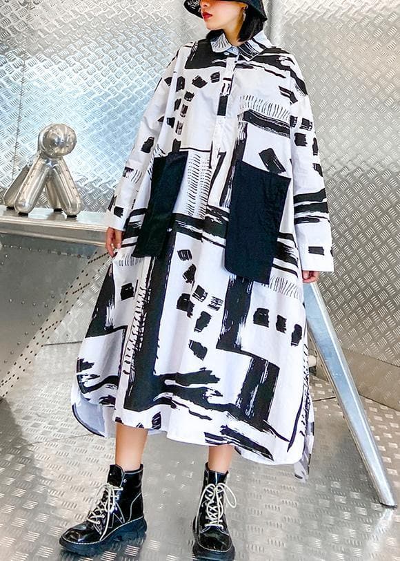 Women lapel pockets fall Tunics pattern black white print long Dresses AT-FDL200909