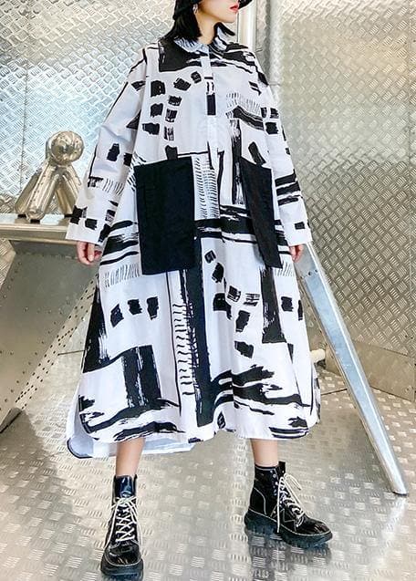 Women lapel pockets fall Tunics pattern black white print long Dresses AT-FDL200909