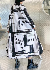 Women lapel pockets fall Tunics pattern black white print long Dresses AT-FDL200909