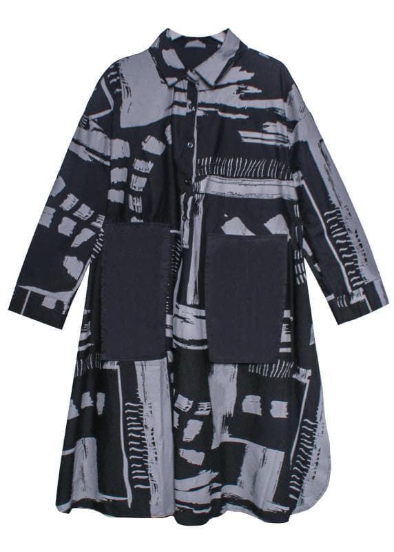 Women lapel pockets fall Tunics pattern black white print long Dresses AT-FDL200909