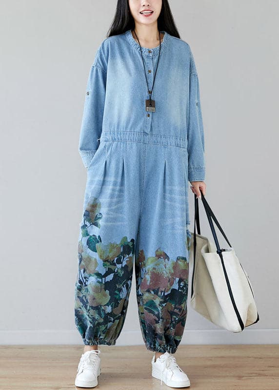 Women light Blue pockets O-Neck Print denim Jumpsuit Spring YSBS-JPTS220121