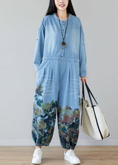 Women light Blue pockets O-Neck Print denim Jumpsuit Spring dylinoshop