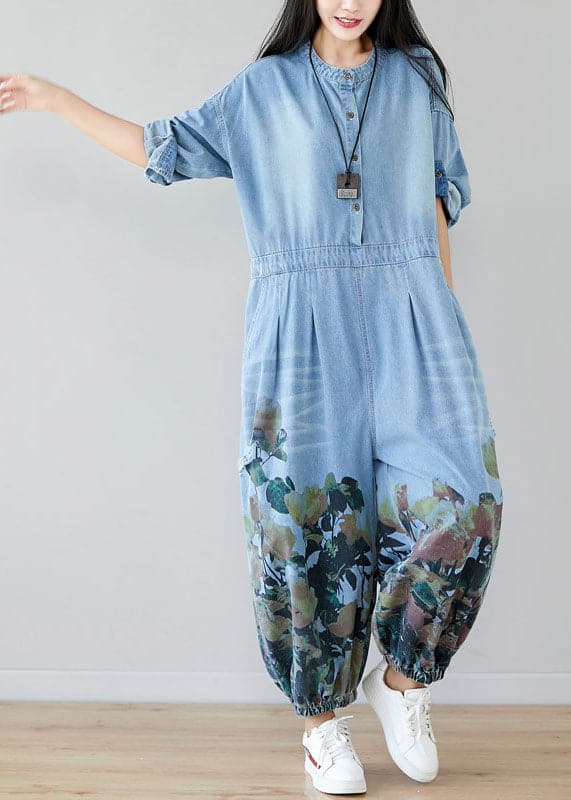 Women light Blue pockets O-Neck Print denim Jumpsuit Spring YSBS-JPTS220121