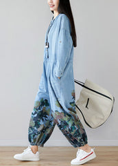 Women light Blue pockets O-Neck Print denim Jumpsuit Spring dylinoshop