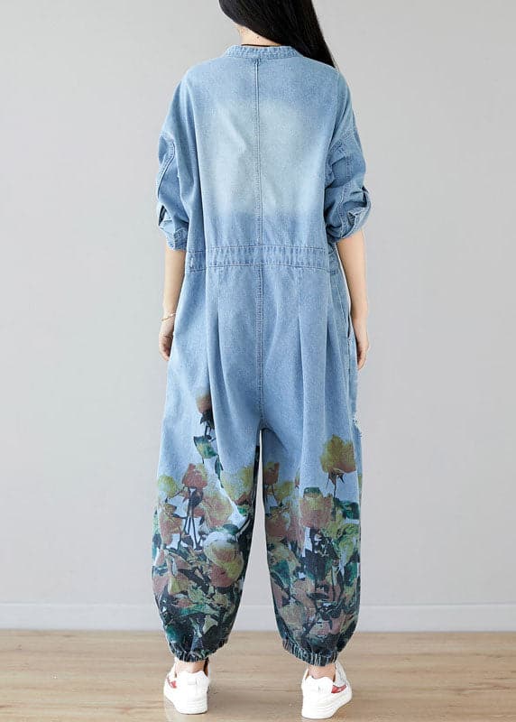 Women light Blue pockets O-Neck Print denim Jumpsuit Spring YSBS-JPTS220121