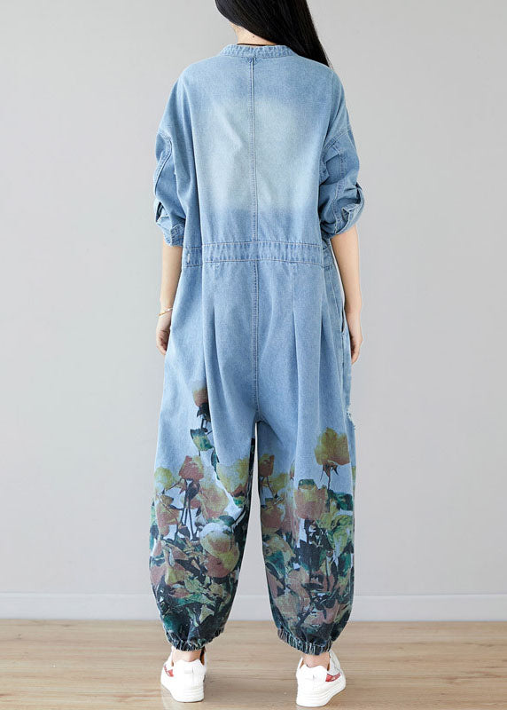 Women light Blue pockets O-Neck Print denim Jumpsuit Spring dylinoshop