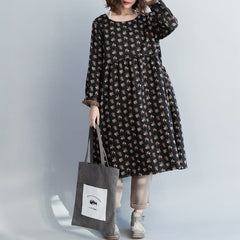 Women linen cotton dress Pakistani o neck Cinched Shape black floral Love Dresses FDL181220