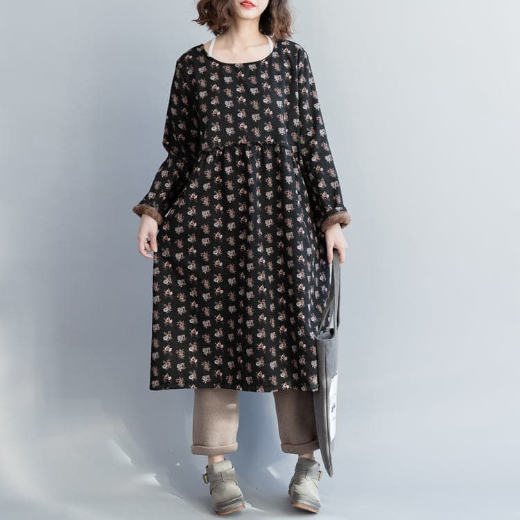 Women linen cotton dress Pakistani o neck Cinched Shape black floral Love Dresses FDL181220