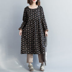 Women linen cotton dress Pakistani o neck Cinched Shape black floral Love Dresses FDL181220