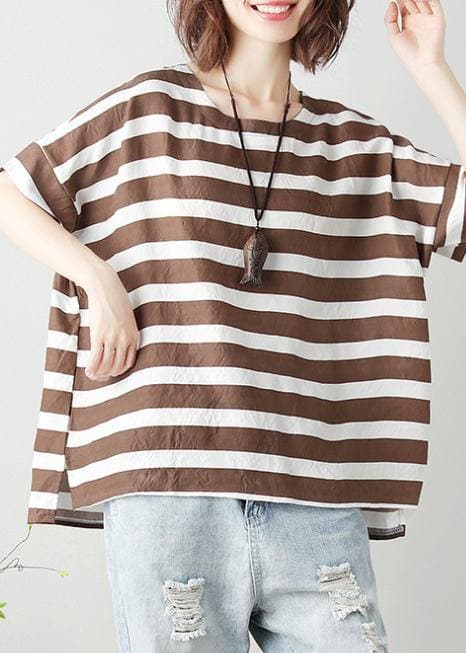 Women o neck Batwing Sleeve cotton tunic top Work chocolate striped shirt STP200409