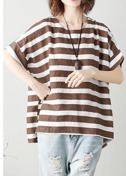 Women o neck Batwing Sleeve cotton tunic top Work chocolate striped shirt STP200409