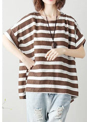 Women o neck Batwing Sleeve cotton tunic top Work chocolate striped shirt STP200409