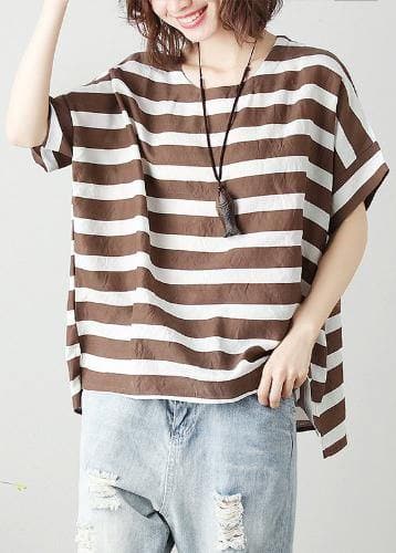 Women o neck Batwing Sleeve cotton tunic top Work chocolate striped shirt STP200409