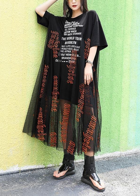 Women o neck Letter cotton summer Long pattern black Dresses AT-SDL200508