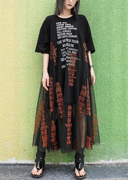 Women o neck Letter cotton summer Long pattern black Dresses AT-SDL200508