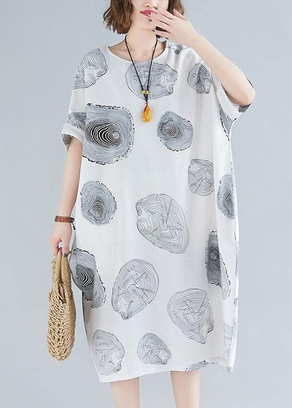 Women o neck baggy Cotton summer clothes linen white print Dresses SDL200325