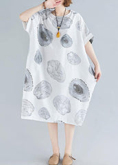 Women o neck baggy Cotton summer clothes linen white print Dresses SDL200325