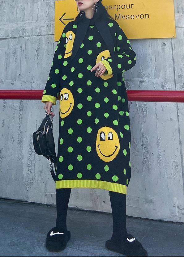 Women o neck baggy Sweater dress outfit plus size green dotted Fuzzy knitted dress AT-NSD191231