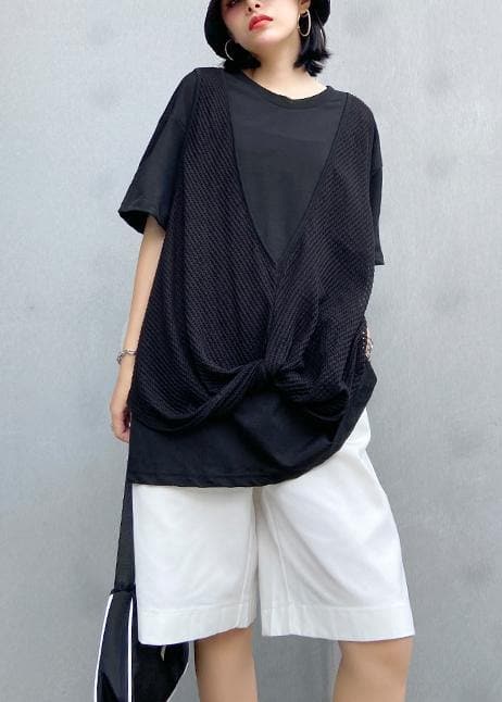 Women o neck cotton shirts black patchwork tulle shirts AT-STP200617