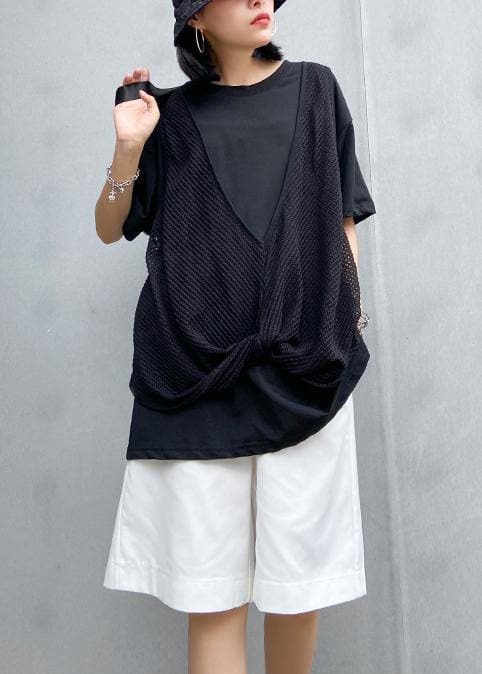 Women o neck cotton shirts black patchwork tulle shirts AT-STP200617