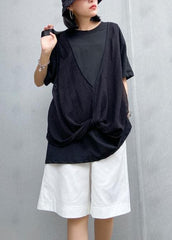 Women o neck cotton shirts black patchwork tulle shirts AT-STP200617