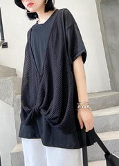 Women o neck cotton shirts black patchwork tulle shirts AT-STP200617